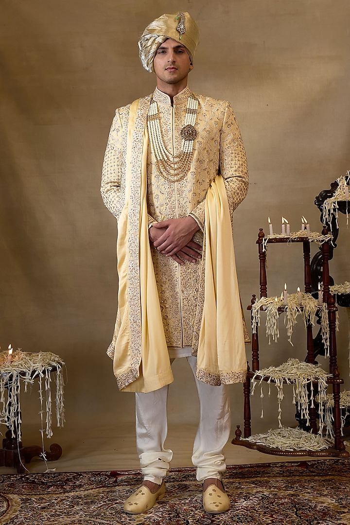 Dark Cream Silk Embroidered Sherwani Set by NAMAN AHUJA