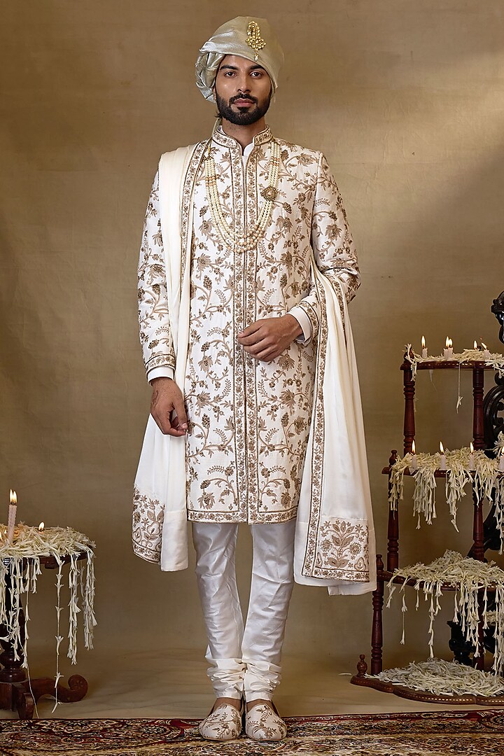 Off-White Silk Embroidered Sherwani Set by NAMAN AHUJA