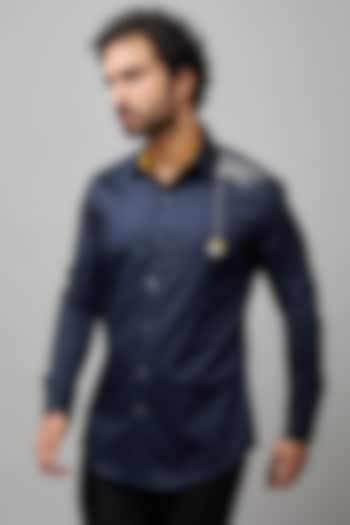 Navy Blue Giza Cotton Hand Embroidered Shirt by NAMAN AHUJA