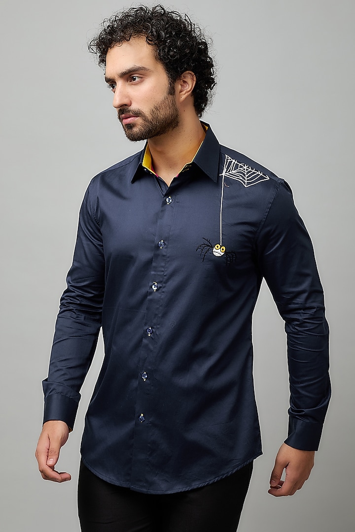 Navy Blue Giza Cotton Hand Embroidered Shirt by NAMAN AHUJA