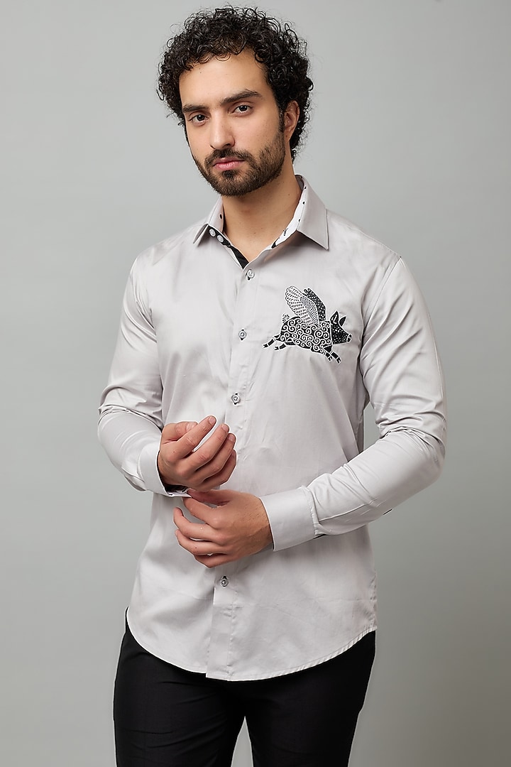 Grey Giza Cotton Hand Embroidered Shirt by NAMAN AHUJA