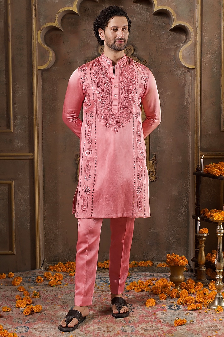 Pink Linen Silk Embroidered Kurta Set by NAMAN AHUJA at Pernia's Pop Up Shop