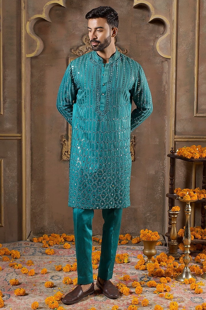 Green Linen Silk Embroidered Kurta Set by NAMAN AHUJA at Pernia's Pop Up Shop