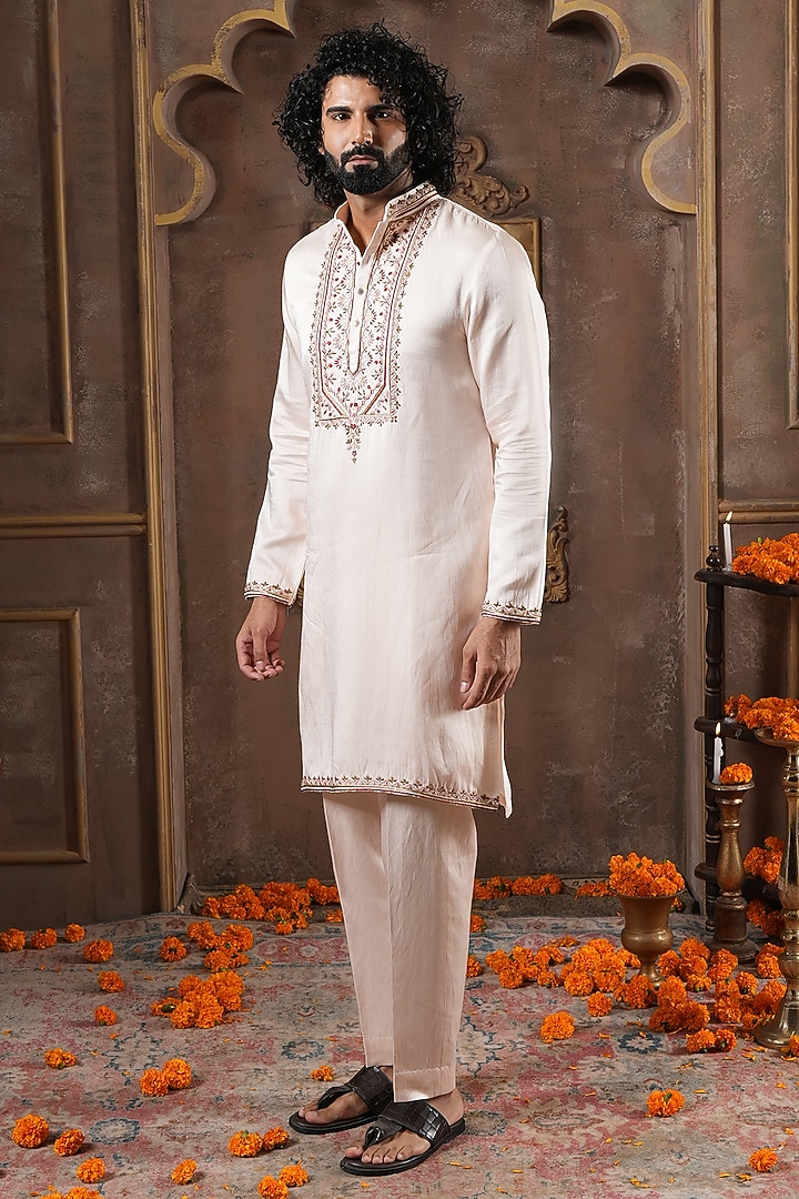 Champagne Ivory Linen Silk Hand Embroidered Kurta Set by NAMAN AHUJA at Pernia's Pop Up Shop