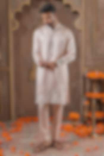 Powder Pink Linen Silk Embroidered Kurta Set by NAMAN AHUJA at Pernia's Pop Up Shop