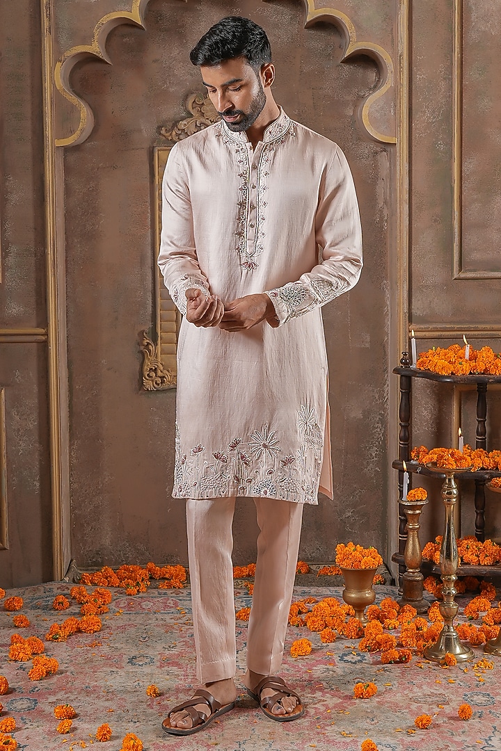 Powder Pink Linen Silk Embroidered Kurta Set by NAMAN AHUJA at Pernia's Pop Up Shop