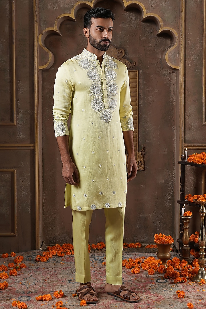 Light Green Linen Silk Embroidered Kurta Set by NAMAN AHUJA at Pernia's Pop Up Shop