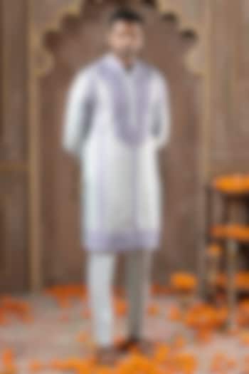 Sky Blue Linen Silk Embroidered Kurta Set by NAMAN AHUJA at Pernia's Pop Up Shop