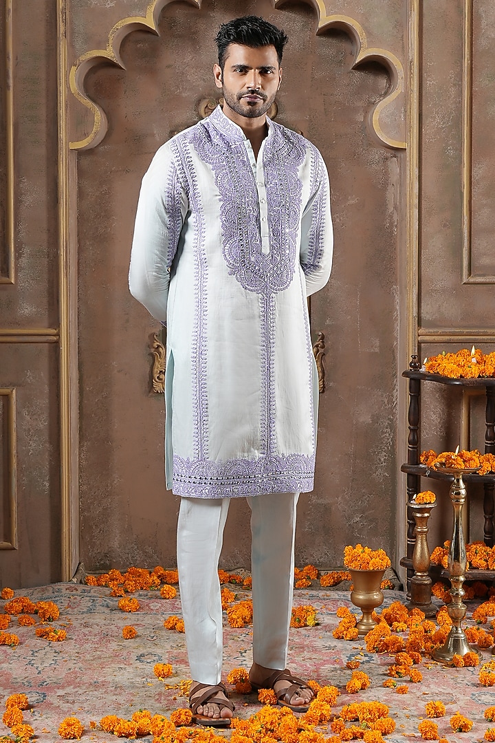 Sky Blue Linen Silk Embroidered Kurta Set by NAMAN AHUJA at Pernia's Pop Up Shop