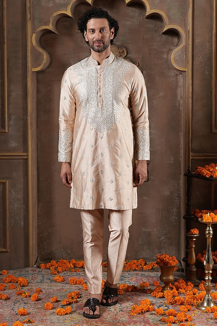 Gold Dupion Silk Gota Embroidered Kurta Set by NAMAN AHUJA at Pernia's Pop Up Shop