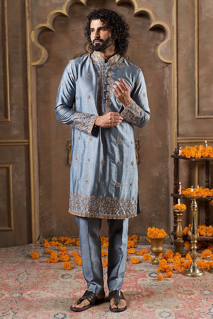 Blue Dupion Silk Gota Embroidered Kurta Set by NAMAN AHUJA at Pernia's Pop Up Shop