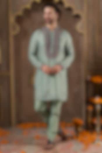 Green Tissue Silk Embroidered Kurta Set by NAMAN AHUJA at Pernia's Pop Up Shop