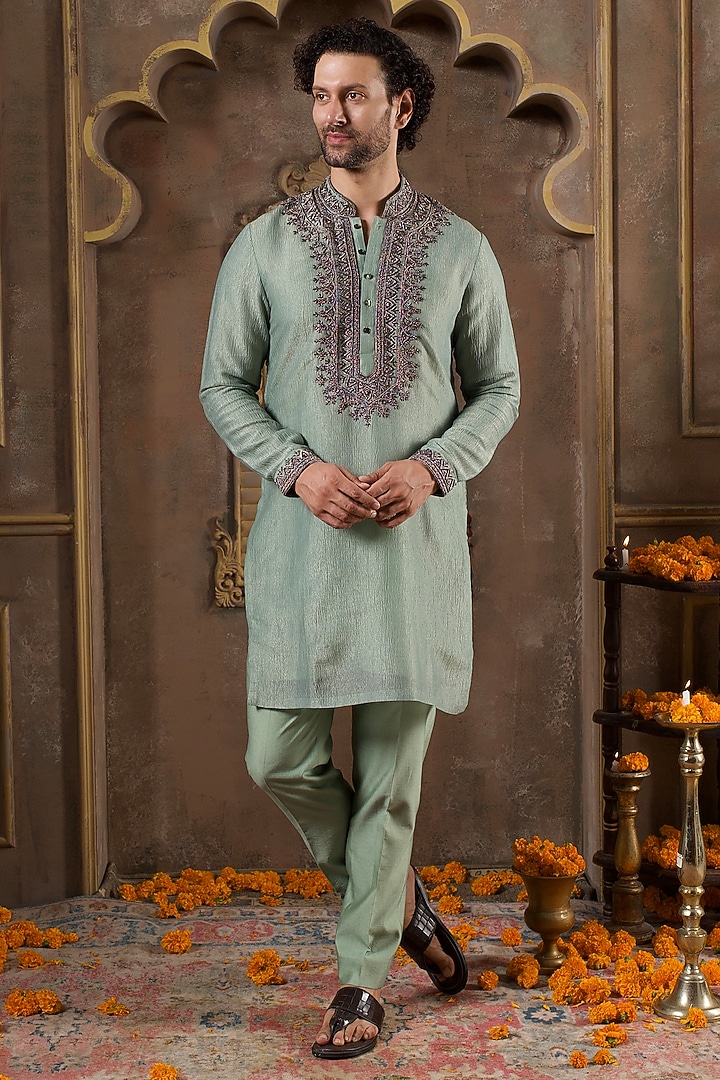 Green Tissue Silk Embroidered Kurta Set by NAMAN AHUJA at Pernia's Pop Up Shop