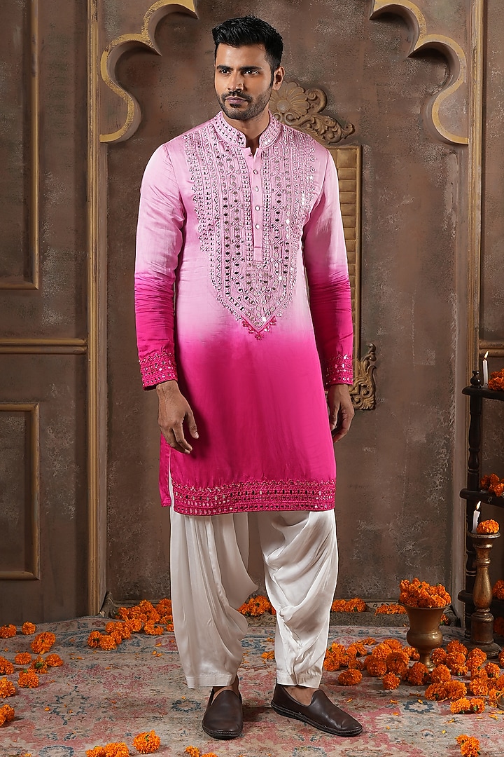 Pink Linen Silk Mirror Embroidered Kurta Set by NAMAN AHUJA at Pernia's Pop Up Shop