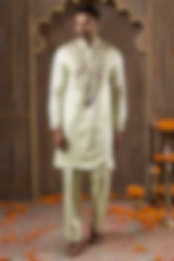 Green Linen Silk Handpainted & Embroidered Kurta Set by NAMAN AHUJA at Pernia's Pop Up Shop