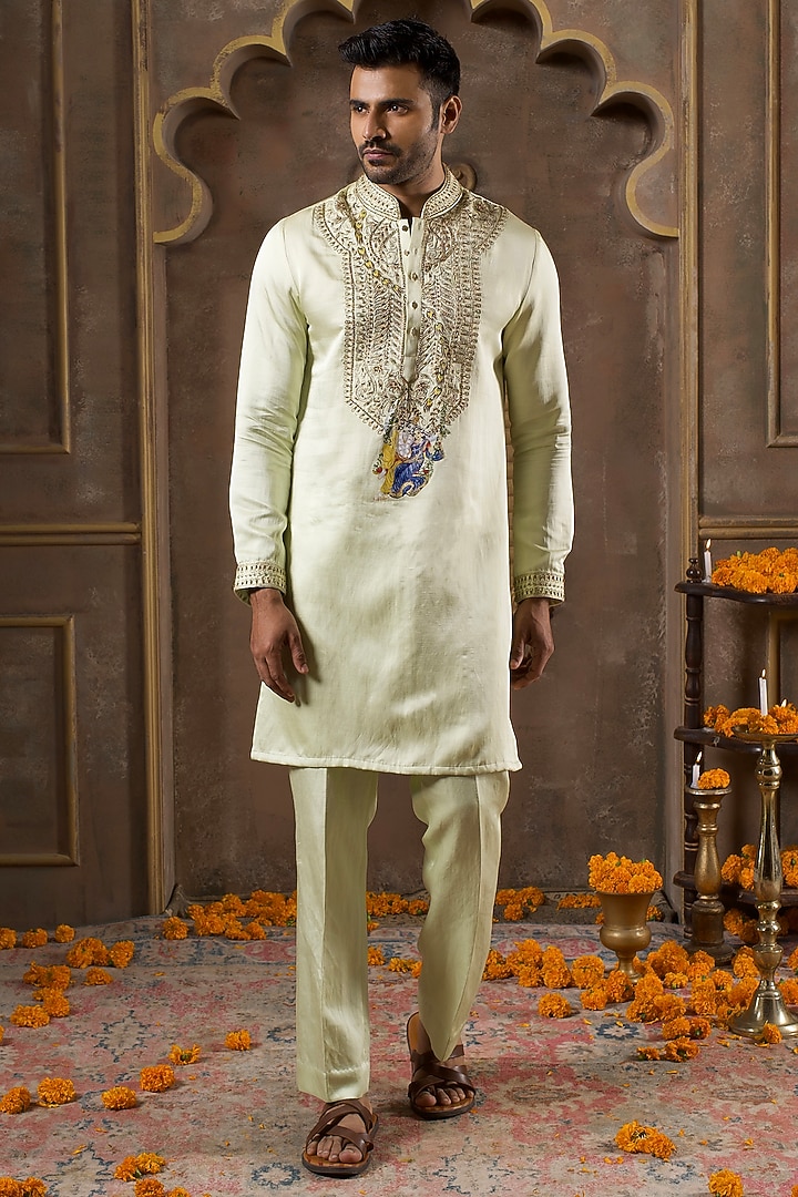 Green Linen Silk Handpainted & Embroidered Kurta Set by NAMAN AHUJA at Pernia's Pop Up Shop