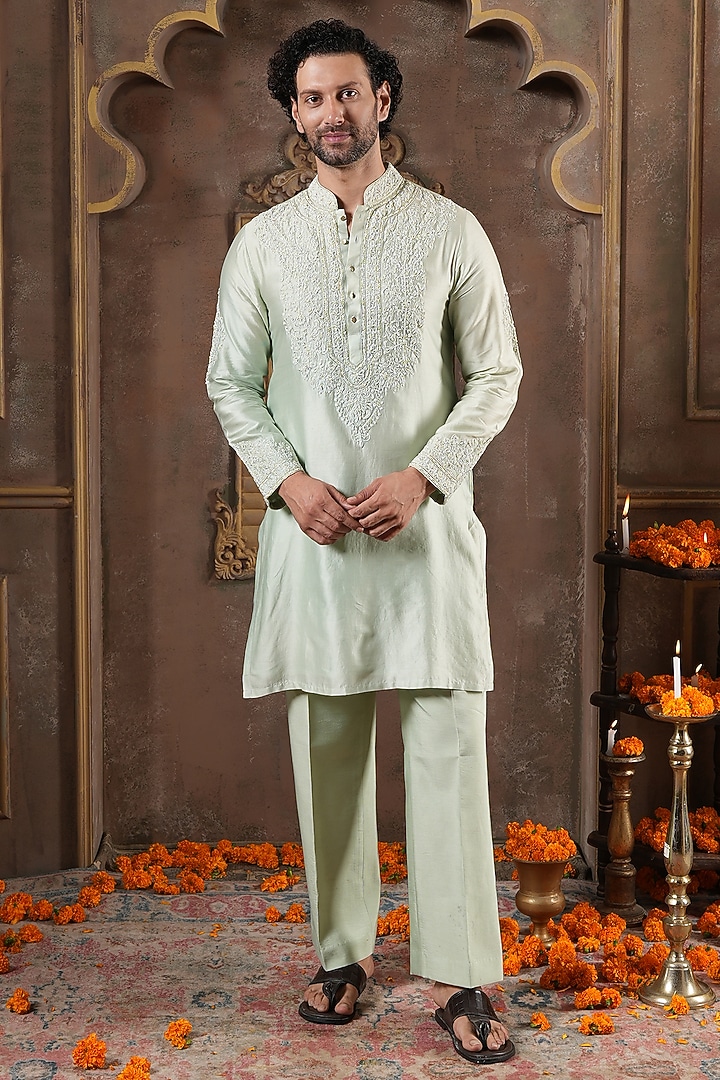 Mint Green Chanderi Silk Embroidered Kurta Set by NAMAN AHUJA at Pernia's Pop Up Shop