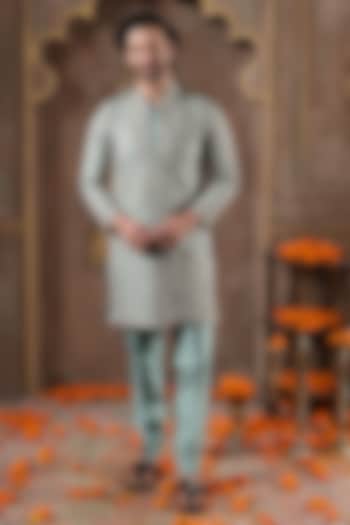 Sage Green Dupion Silk Mirror Work Kurta Set by NAMAN AHUJA at Pernia's Pop Up Shop