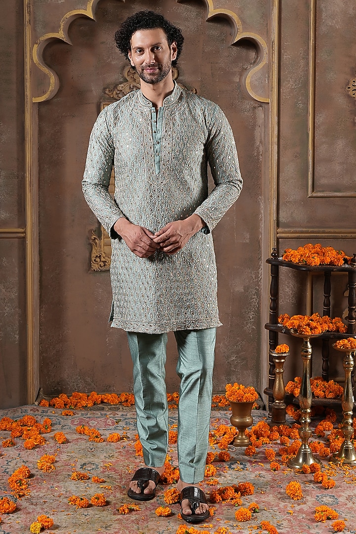 Sage Green Dupion Silk Mirror Work Kurta Set by NAMAN AHUJA at Pernia's Pop Up Shop