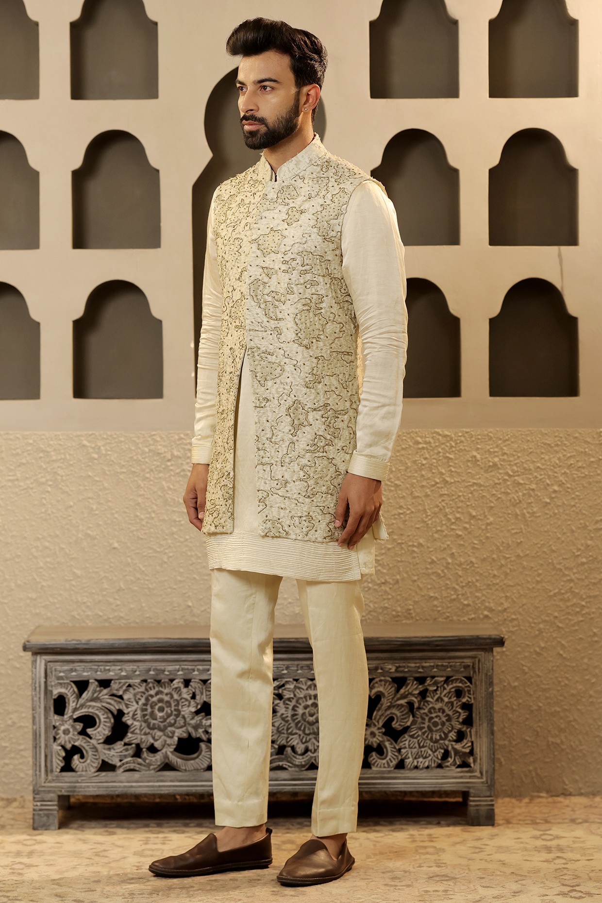 NAMAN AHUJA Mint Green Silk Embroidered Bundi Jacket Set