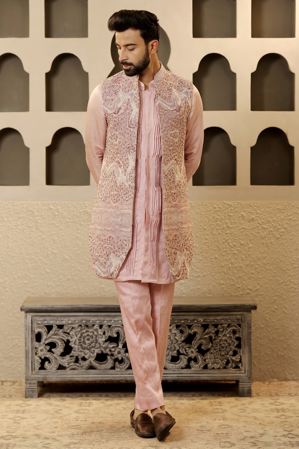 NAMAN AHUJA Pink Silk Embroidered Bundi Jacket Set