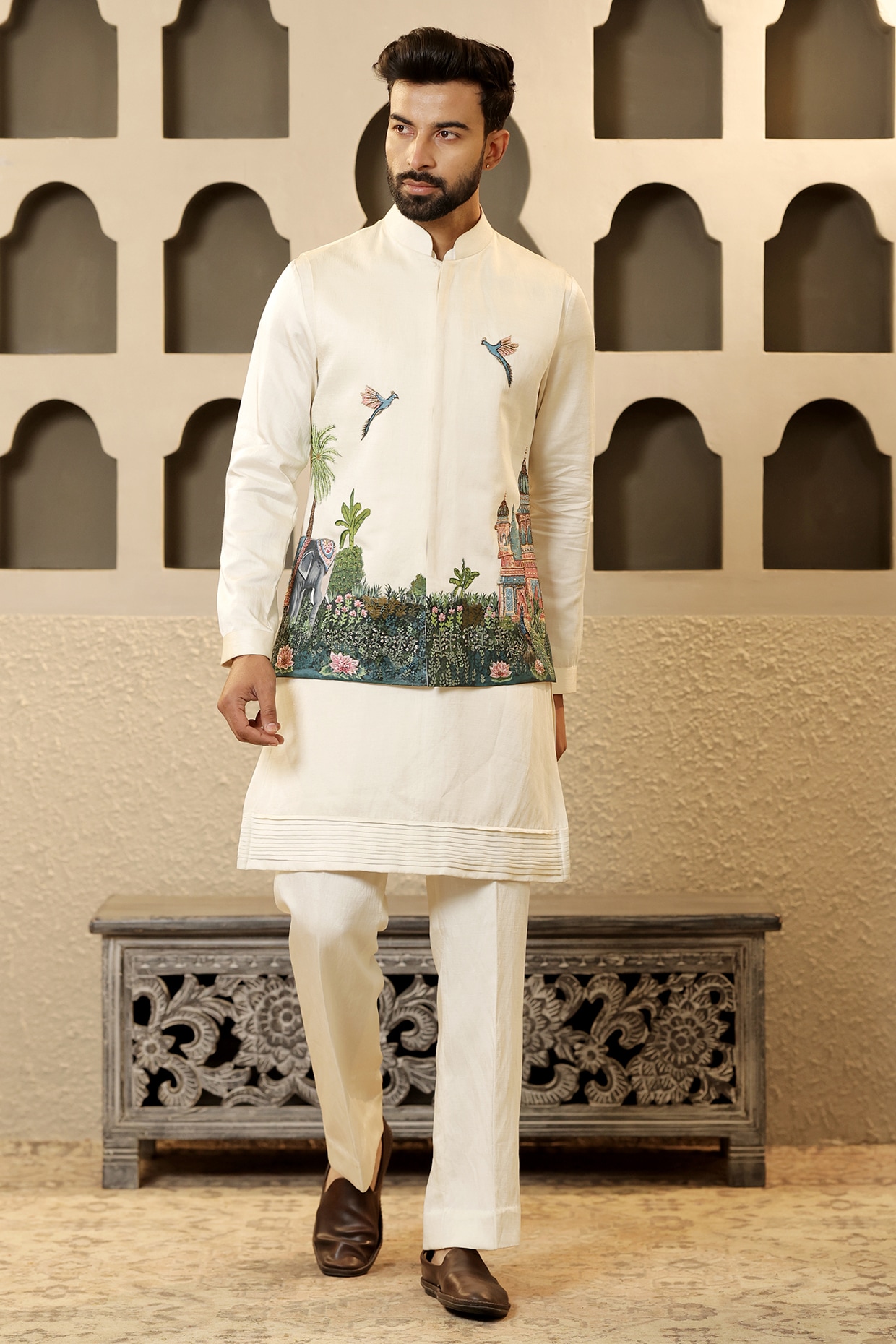 NAMAN AHUJA Ivory Linen Silk Handpainted & Embroidered Bundi Jacket Set