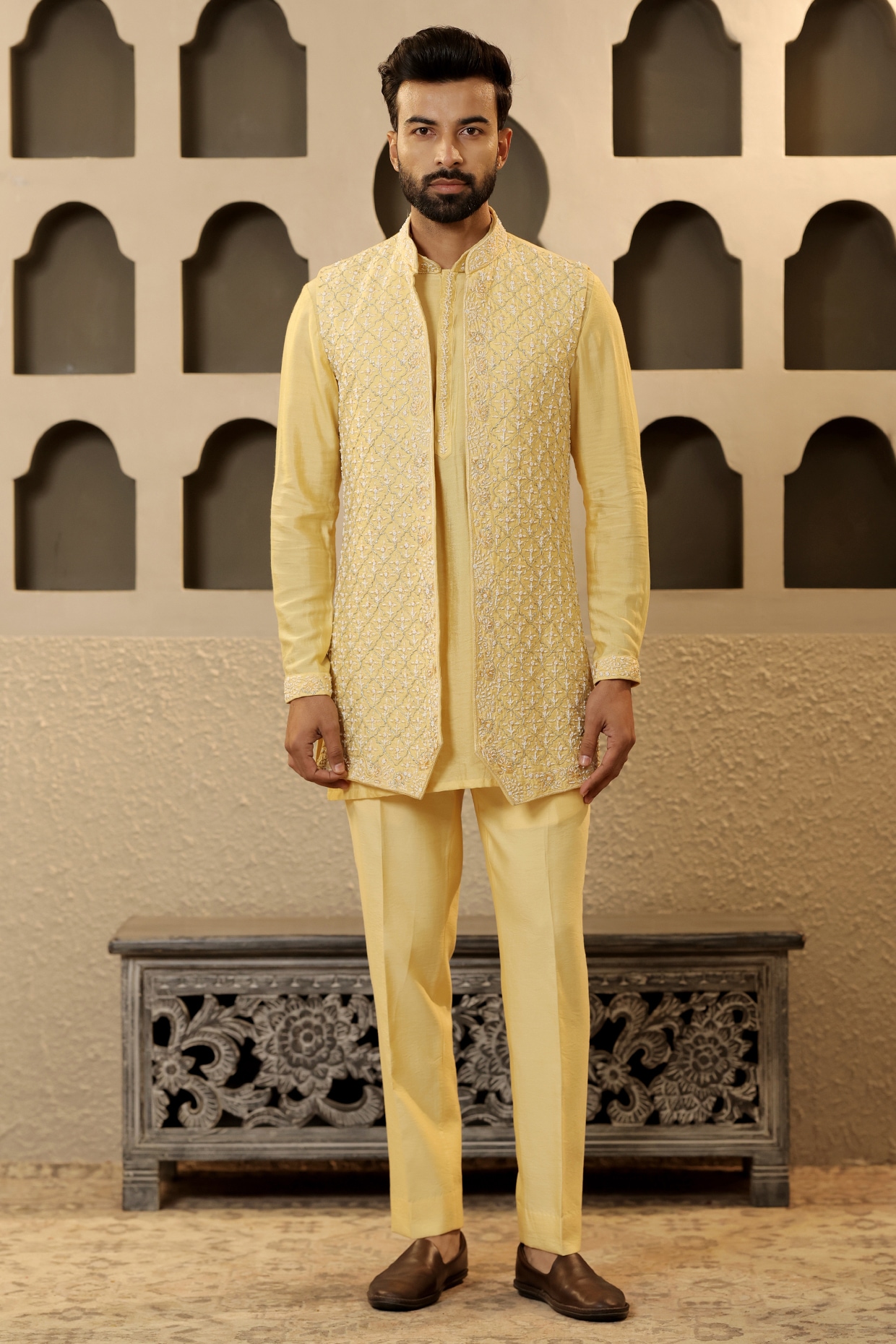 NAMAN AHUJA Butter Yellow Silk Embroidered Bundi Jacket Set