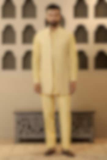 Butter Yellow Silk Embroidered Bundi Jacket Set by NAMAN AHUJA at Pernia's Pop Up Shop