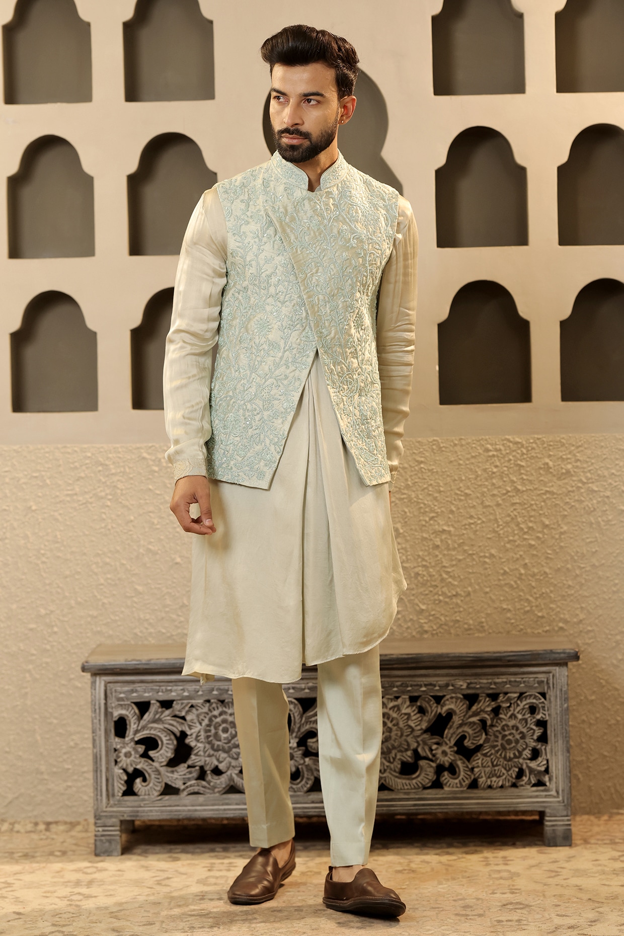 NAMAN AHUJA Eton Green Dupion Silk Embroidered Bundi Jacket Set