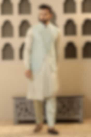 Eton Green Dupion Silk Embroidered Bundi Jacket Set by NAMAN AHUJA at Pernia's Pop Up Shop