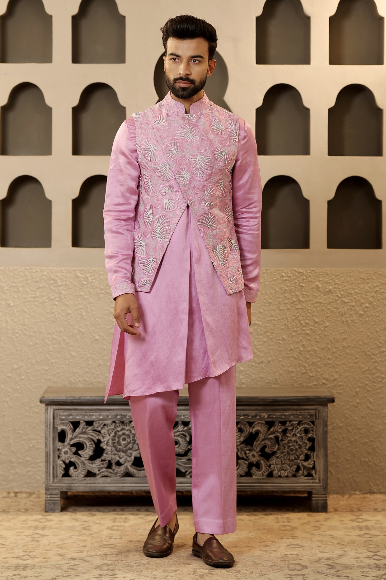 NAMAN AHUJA Lilac Silk Embroidered Bundi Jacket Set