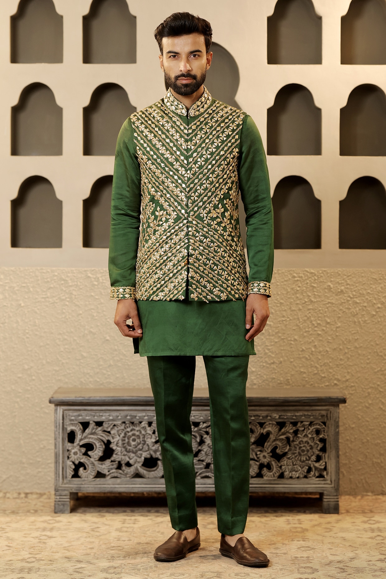 NAMAN AHUJA Bottle Green Linen Silk Embroidered Bundi Jacket Set