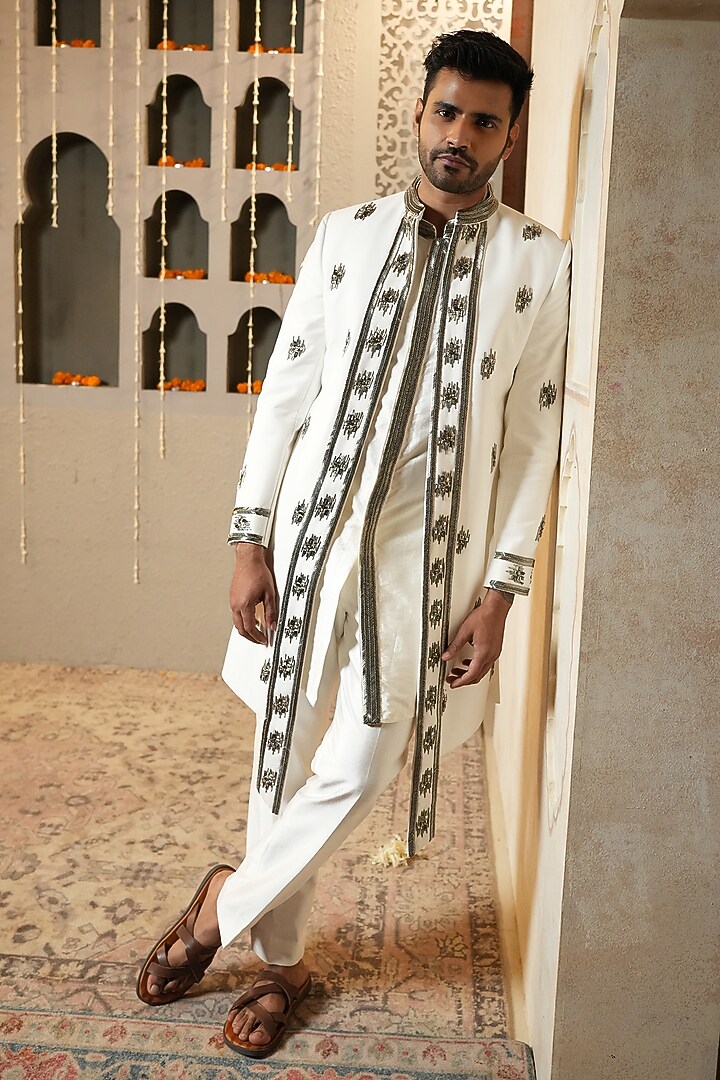 Ivory Poly Silk Handwork Wedding Indowestern Set by NAMAN AHUJA at Pernia's Pop Up Shop