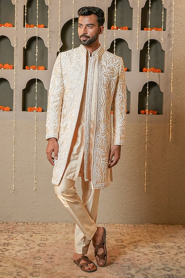 Beige Dupion Silk Handwork Wedding Indowestern Set by NAMAN AHUJA at Pernia's Pop Up Shop