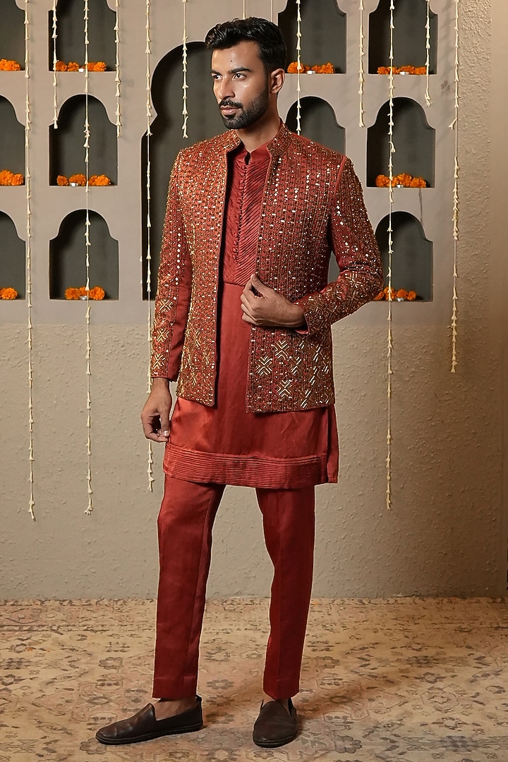 Rust Linen Silk Handwork Wedding Indowestern Set by NAMAN AHUJA at Pernia's Pop Up Shop