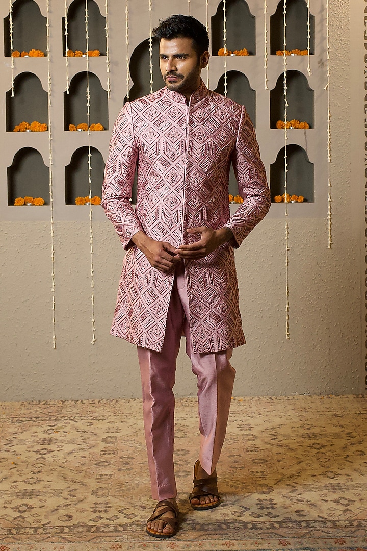 Prism Pink Dupion Silk Handwork Wedding Indowestern Set by NAMAN AHUJA at Pernia's Pop Up Shop