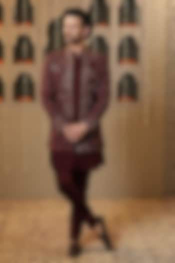 Maroon Poly Silk Handwork Wedding Indowestern Set by NAMAN AHUJA at Pernia's Pop Up Shop