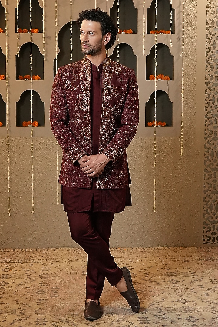 Maroon Poly Silk Handwork Wedding Indowestern Set by NAMAN AHUJA at Pernia's Pop Up Shop