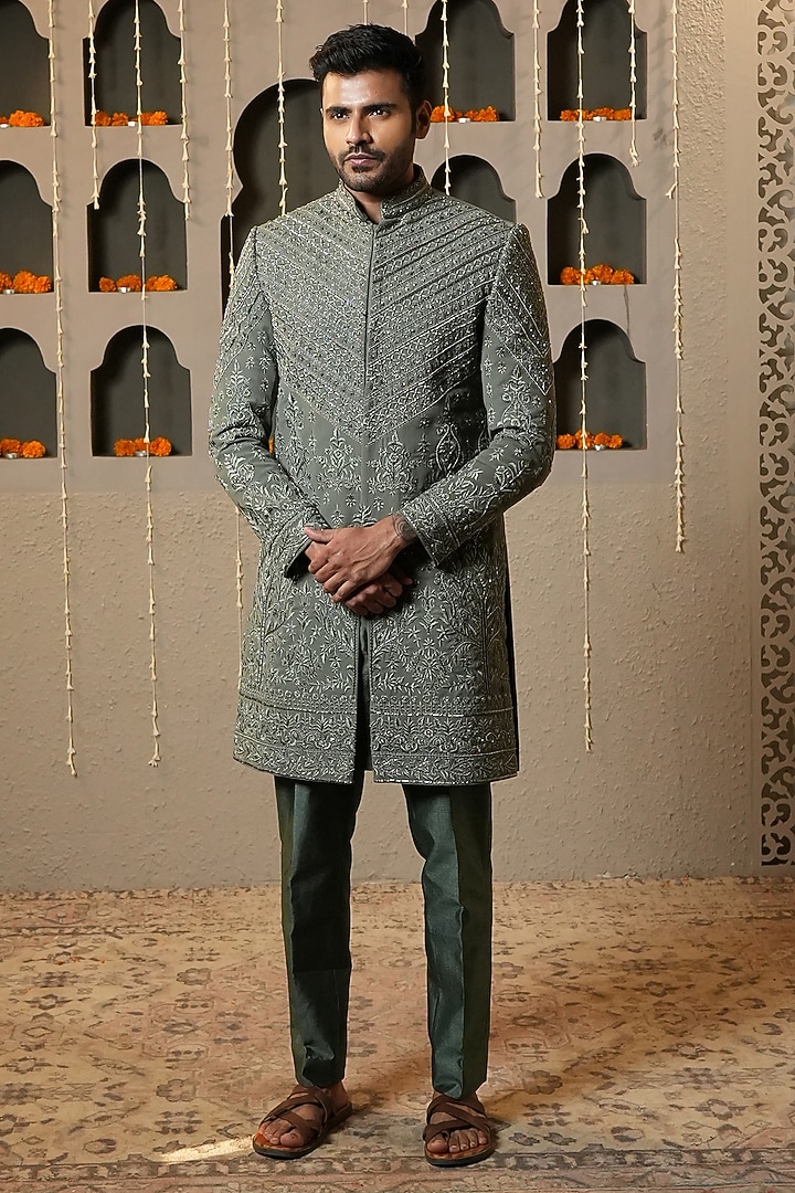 Sage Green Poly Silk Handwork Wedding Indowestern Set by NAMAN AHUJA at Pernia's Pop Up Shop