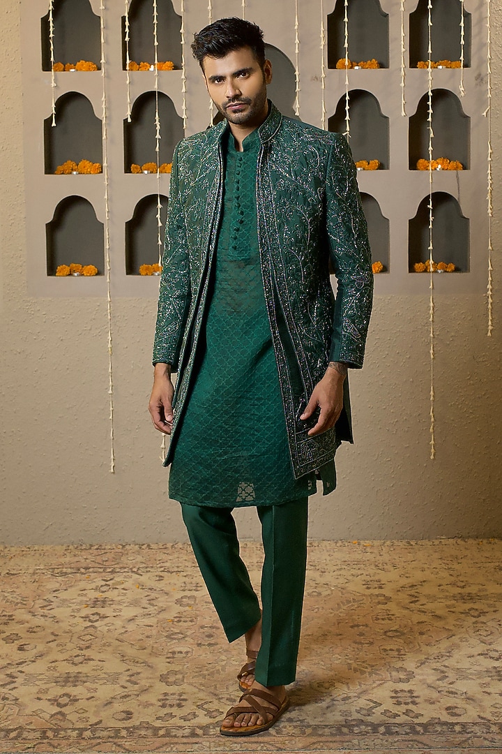 Bottle Green Poly Silk Handwork Wedding Indowestern Set by NAMAN AHUJA at Pernia's Pop Up Shop