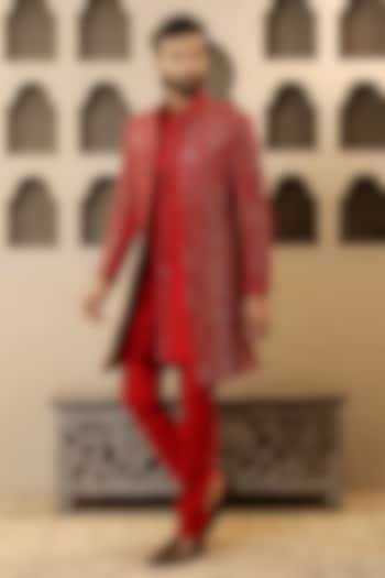 Crimson Red Dupion Silk Mirror Work Wedding Indowestern Set by NAMAN AHUJA at Pernia's Pop Up Shop