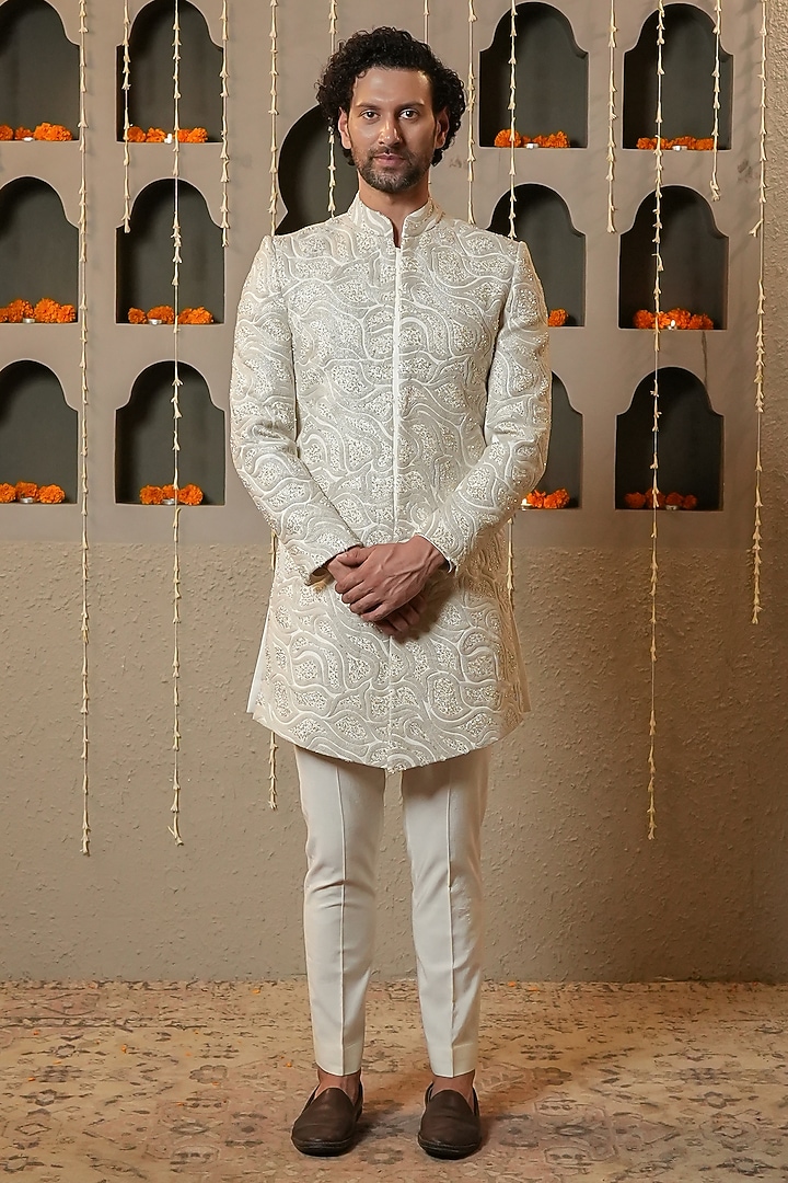 Ivory Poly Silk Cutdana Work Wedding Indowestern Set by NAMAN AHUJA at Pernia's Pop Up Shop