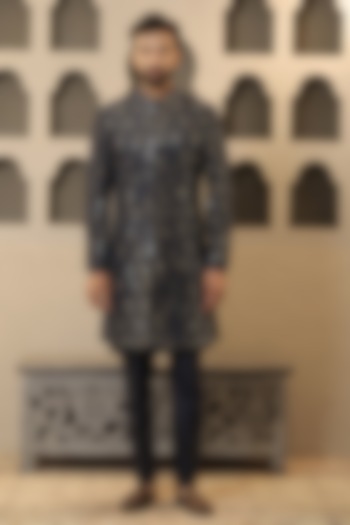 Navy Blue Dupion Silk Mirror Work Wedding Indowestern Set by NAMAN AHUJA at Pernia's Pop Up Shop