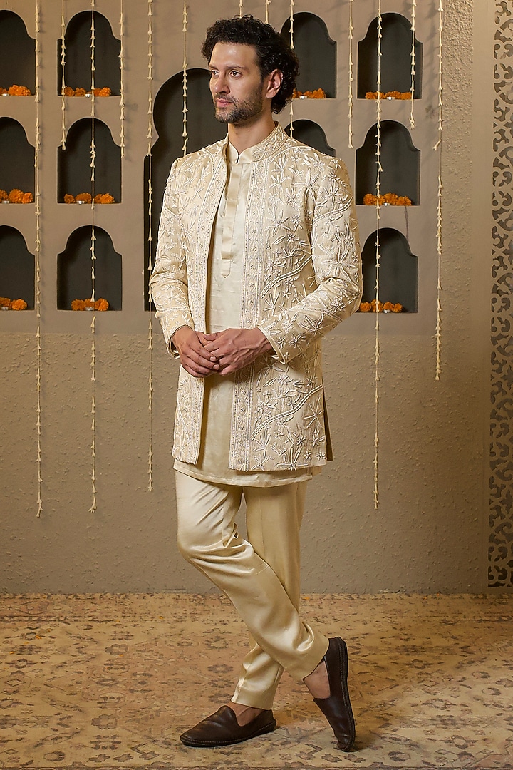Ivory Linen Silk Handwork Wedding Indowestern Set by NAMAN AHUJA at Pernia's Pop Up Shop