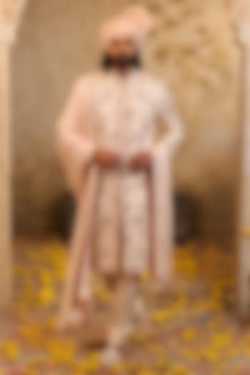 Light Peach Linen Silk Embroidered Groom Sherwani Set by NAMAN AHUJA at Pernia's Pop Up Shop