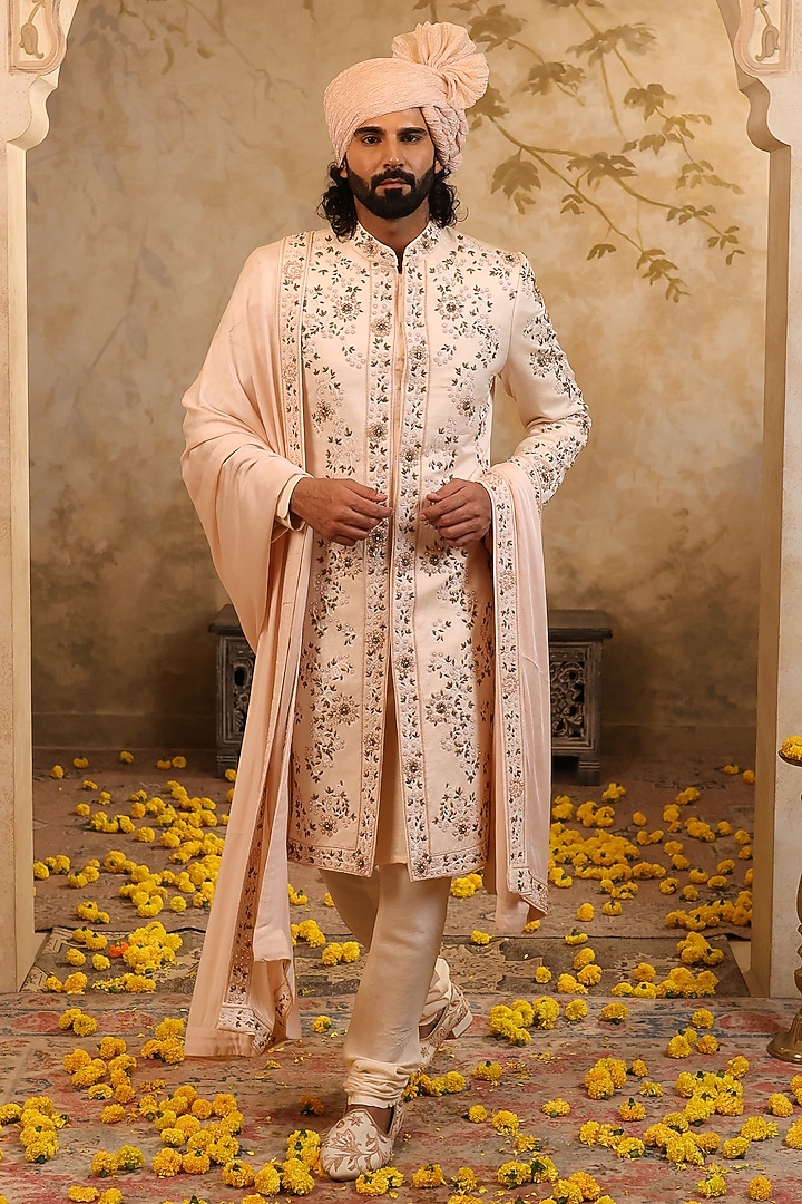 Light Peach Linen Silk Embroidered Groom Sherwani Set by NAMAN AHUJA at Pernia's Pop Up Shop