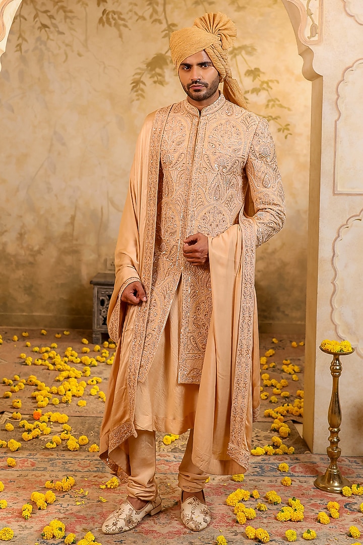 Buff Gold Raw Silk Embroidered Groom Sherwani Set by NAMAN AHUJA at Pernia's Pop Up Shop