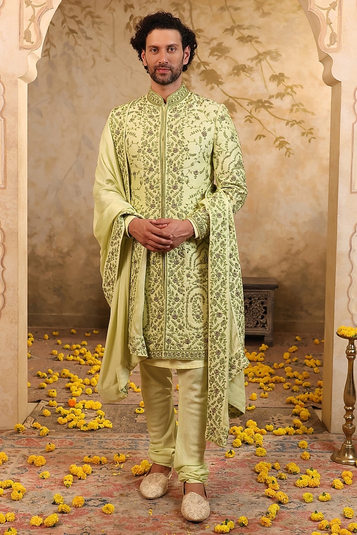 Parrot Green Raw Silk Embroidered Groom Sherwani Set by NAMAN AHUJA at Pernia's Pop Up Shop