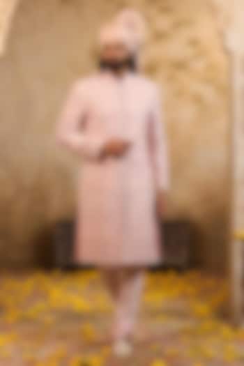 Rose Pink Raw Silk Embroidered Groom Sherwani Set by NAMAN AHUJA at Pernia's Pop Up Shop