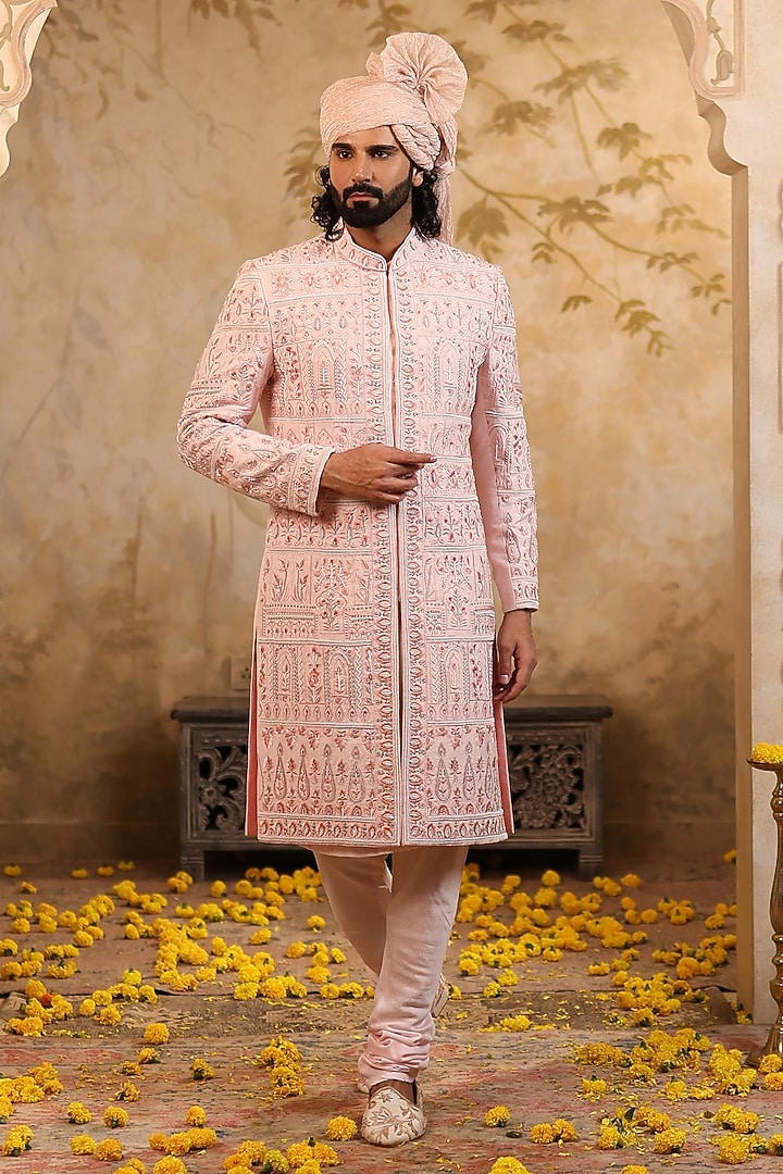 Rose Pink Raw Silk Embroidered Groom Sherwani Set by NAMAN AHUJA at Pernia's Pop Up Shop